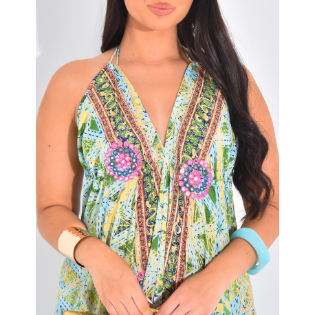 Robe longue en soie dos nu imprimée à broderies & pompons