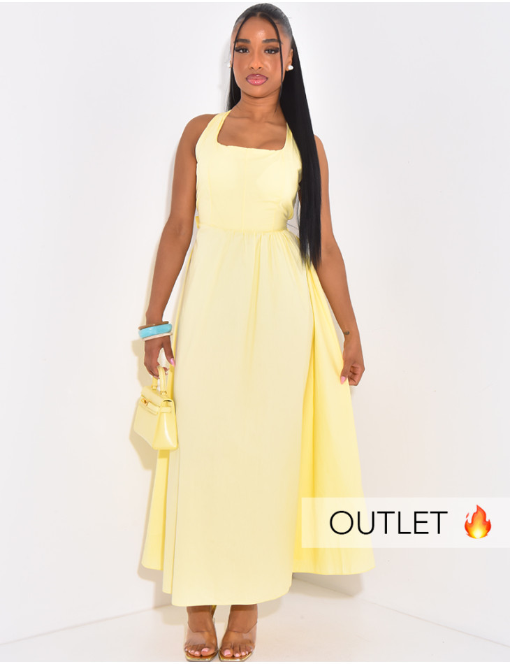 tailliertes, ausgestelltes Kleid mit quadratischem Kragen, im Rücken zu binden
