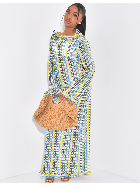 Langes, mehrfarbiges Häkelkleid mit offenem Rücken