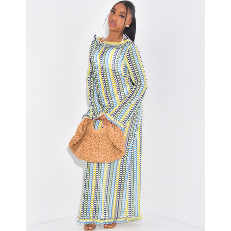 Langes, mehrfarbiges Häkelkleid mit offenem Rücken