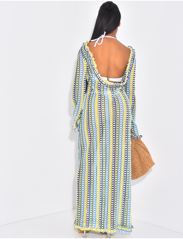 Langes, mehrfarbiges Häkelkleid mit offenem Rücken