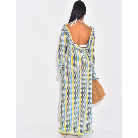 Langes, mehrfarbiges Häkelkleid mit offenem Rücken