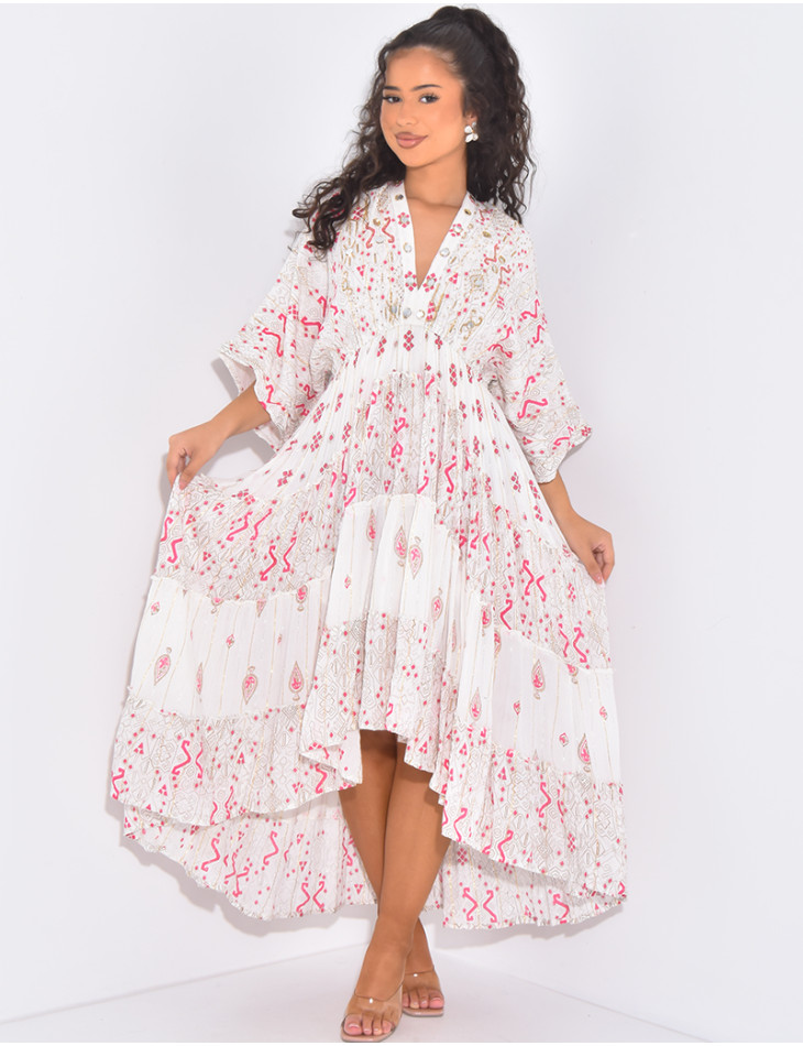 Asymmetrical bohemian dress with beads and ruffles