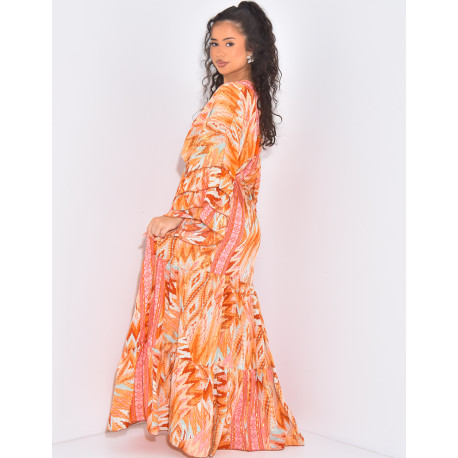 Robe longue en soie imprimée à motifs et volants
