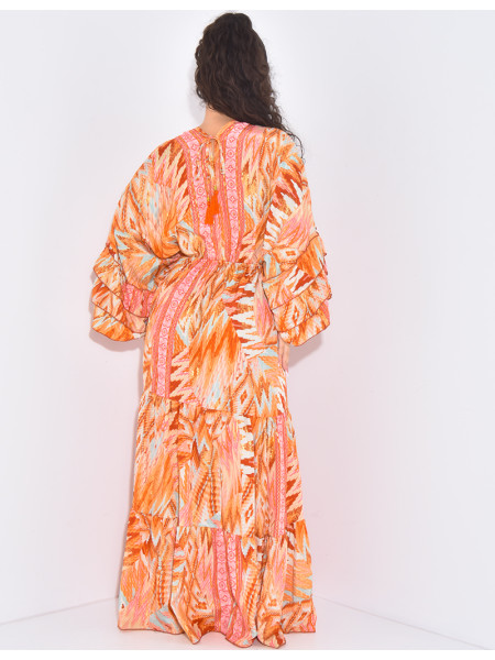 Robe longue en soie imprimée à motifs et volants