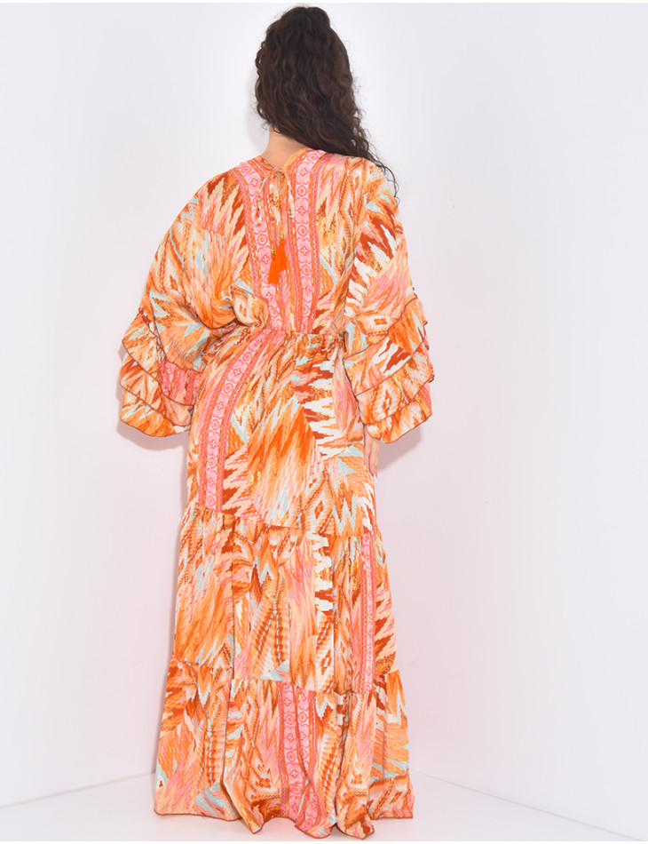 Robe longue en soie imprimée à motifs et volants