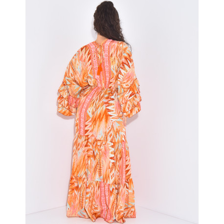 Robe longue en soie imprimée à motifs et volants