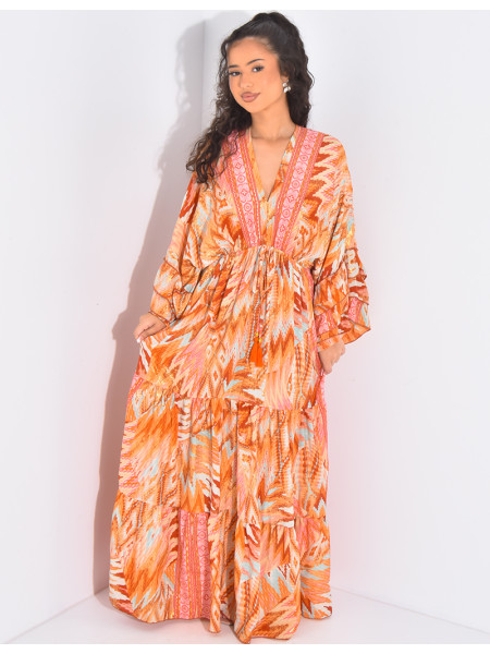 Robe longue en soie imprimée à motifs et volants