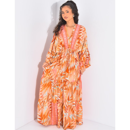 Robe longue en soie imprimée à motifs et volants