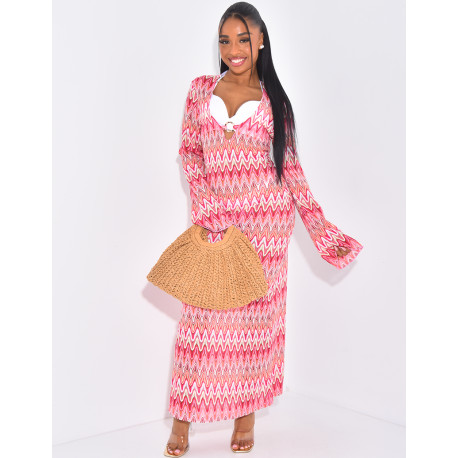 Long multicolored crochet dress with ring detail at the neck