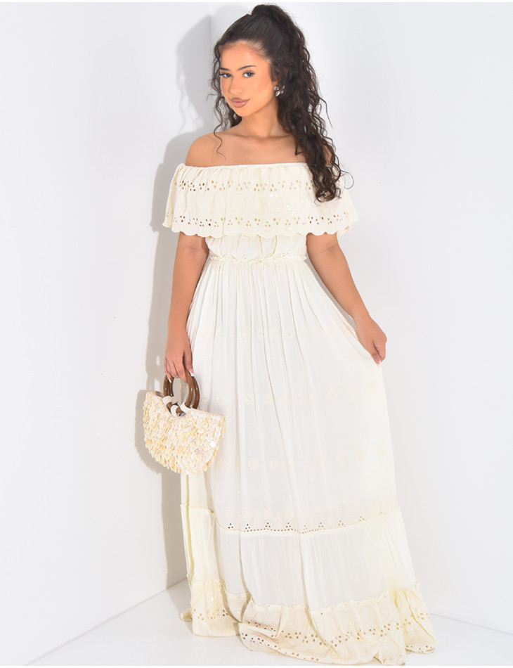 Robe longue épaules dénudées à broderies