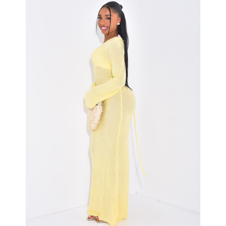Long knitted beach dress with openwork and lace-up back