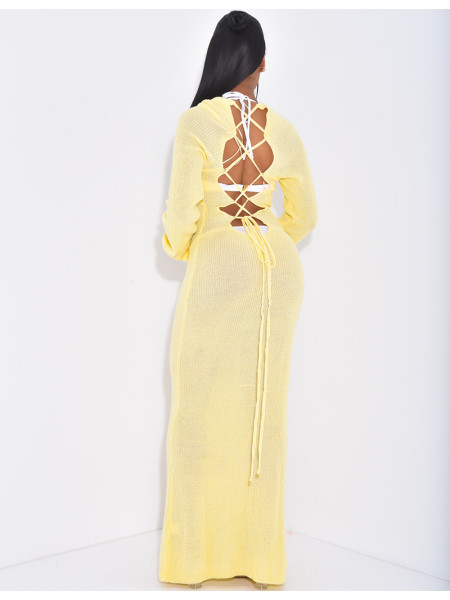 Long knitted beach dress with openwork and lace-up back