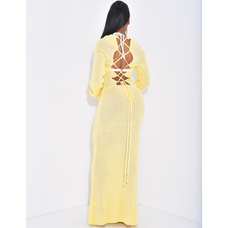 Long knitted beach dress with openwork and lace-up back