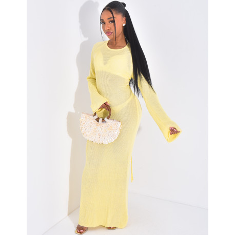 Long knitted beach dress with openwork and lace-up back