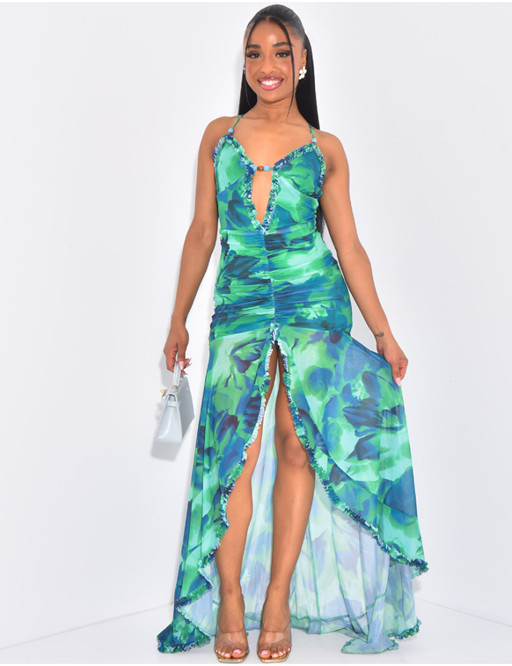 Robe en tulle doublé et imprimé ajouré à perles colorées