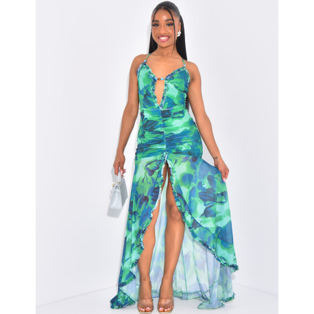 Robe en tulle doublé et imprimé ajouré à perles colorées