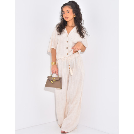 Ensemble pantalon et chemise courte effet lin