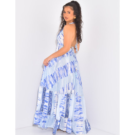 Langes Seidenkleid mit offenem Rücken und Quasten