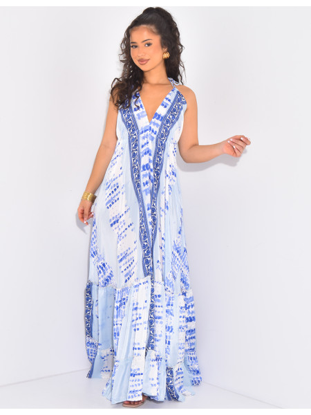 Langes Seidenkleid mit offenem Rücken und Quasten