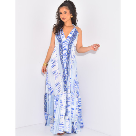 Robe longue en soie dos nu imprimée à pompons