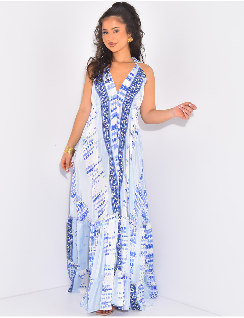 Long silk dress with open back and tassels