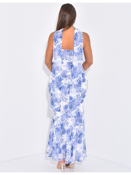 Langes, trägerloses Kleid aus bedrucktem Voile mit Schal-Detail.