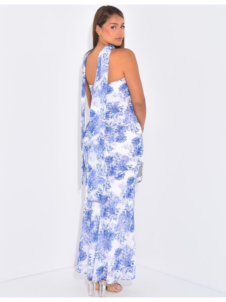 Langes, trägerloses Kleid aus bedrucktem Voile mit Schal-Detail.