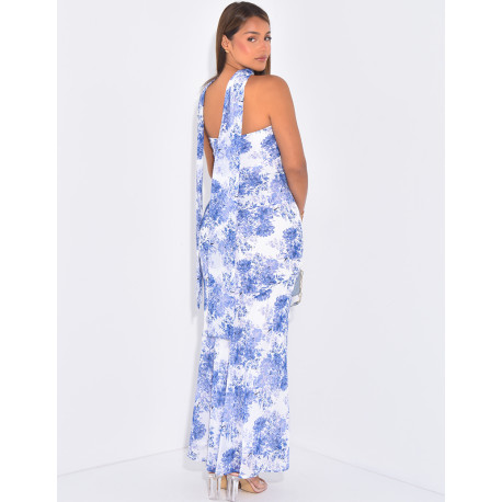 Langes, trägerloses Kleid aus bedrucktem Voile mit Schal-Detail.