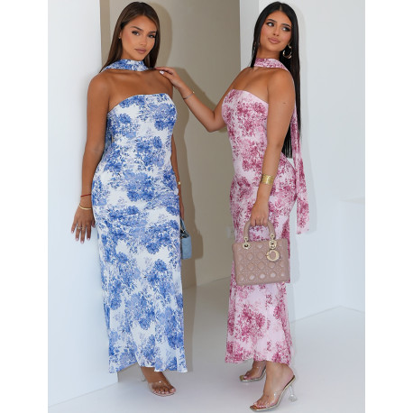 Robe longue bustier en voile imprimée avec détail foulard