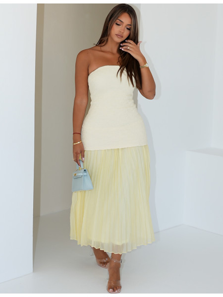 Langes Kleid mit strukturiertem Bustier und Faltenrock.