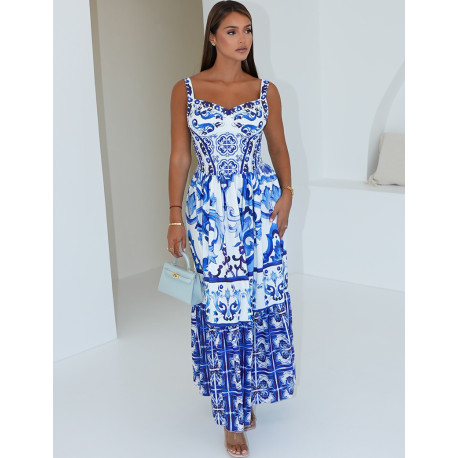 Langes Korsagenkleid mit blauem Musterdruck
