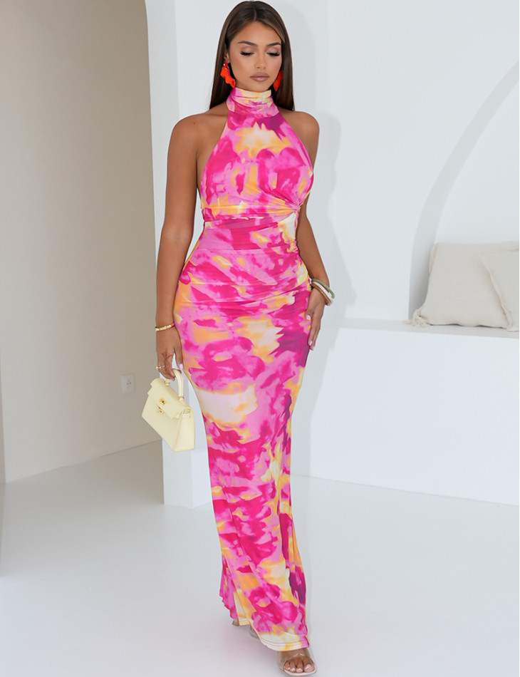 Robe dos nu en mesh imprimé effet froncé