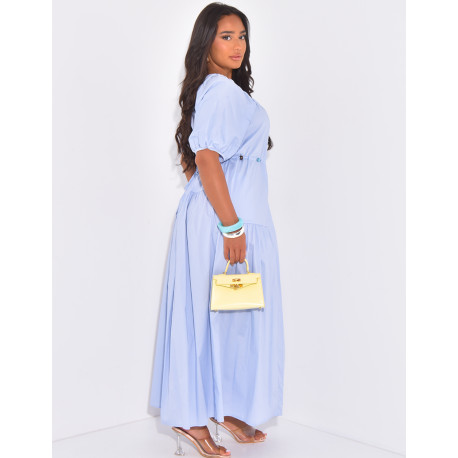 Cotton maxi dress, short sleeves with beading and belt at waist