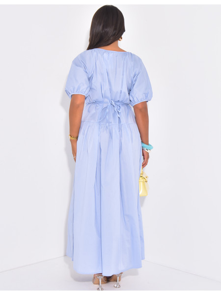 Cotton maxi dress, short sleeves with beading and belt at waist