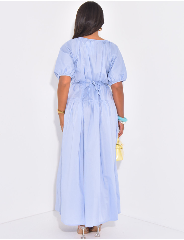 Cotton maxi dress, short sleeves with beading and belt at waist