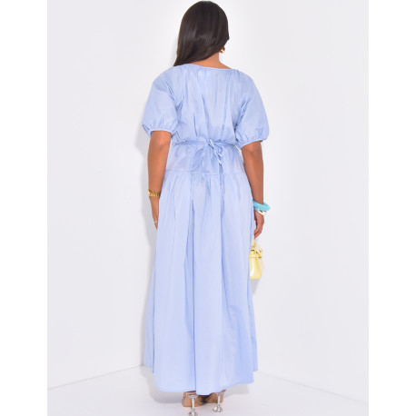 Cotton maxi dress, short sleeves with beading and belt at waist