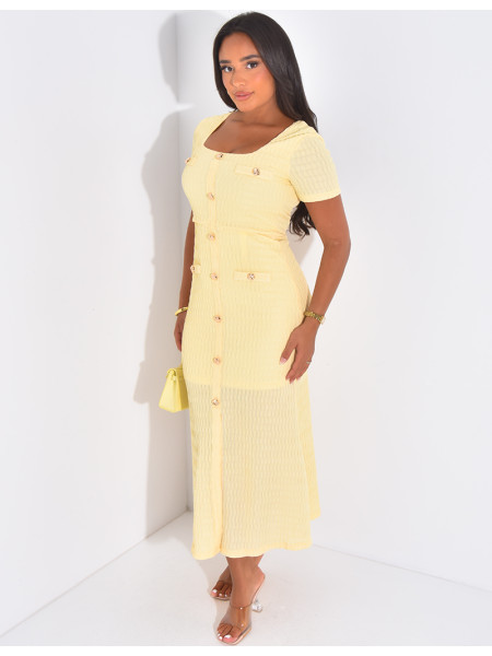 Long textured dress with gold buttons
