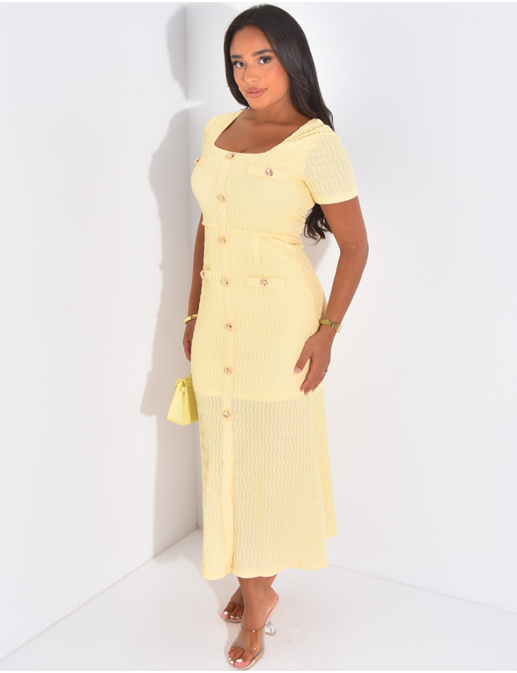 Long textured dress with gold buttons