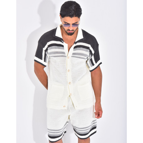 Ensemble ajouré short et chemise à rayures & boutons perles