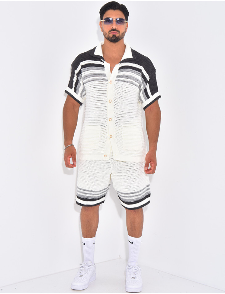 Ensemble ajouré short et chemise à rayures & boutons perles