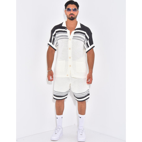 Ensemble ajouré short et chemise à rayures & boutons perles
