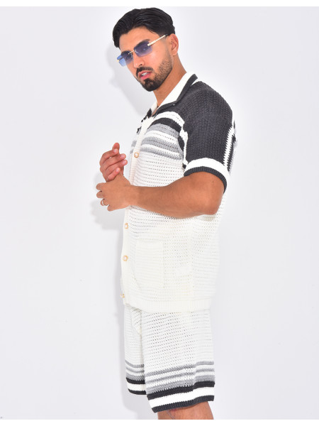 Ensemble ajouré short et chemise à rayures & boutons perles