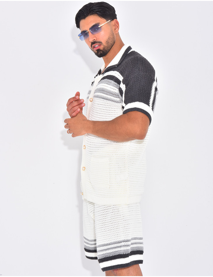 Ensemble ajouré short et chemise à rayures & boutons perles