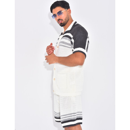 Ensemble ajouré short et chemise à rayures & boutons perles