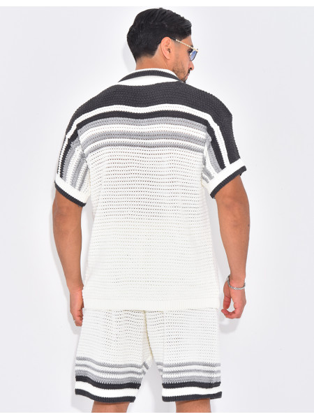 Ensemble ajouré short et chemise à rayures & boutons perles