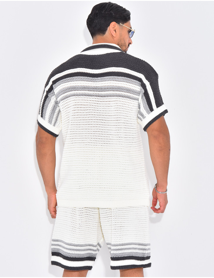 Ensemble ajouré short et chemise à rayures & boutons perles
