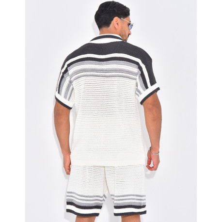 Ensemble ajouré short et chemise à rayures & boutons perles