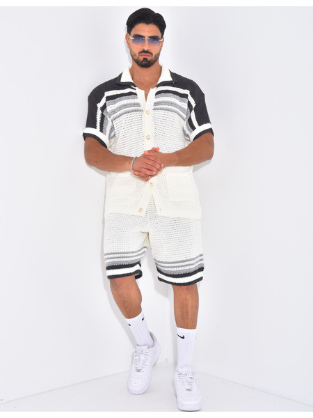 Ensemble ajouré short et chemise à rayures & boutons perles