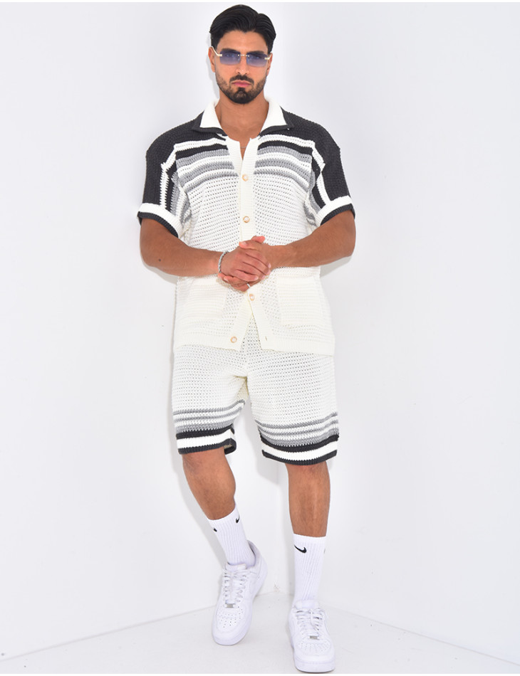 Ensemble ajouré short et chemise à rayures & boutons perles